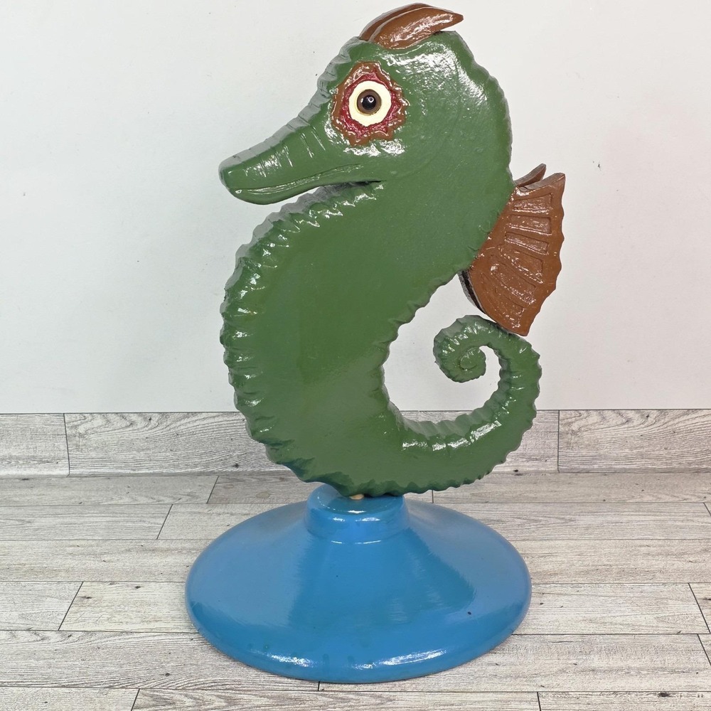 Handcrafted Wooden Green Sea Horse Blue Figurine Nautical House Decor 13" Tall